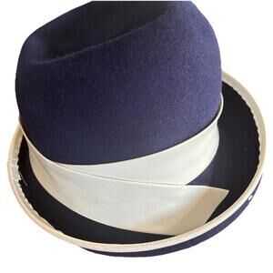 Henry Pollak New York Women's Vintage 100% Wool Glenover Hat Leather Navy Blue